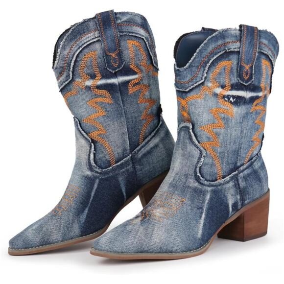 "New Women's Embroidered Cowgirl Boots, Pointed Toe, Chunky Heel, Western Ankle - Picture 5 of 7